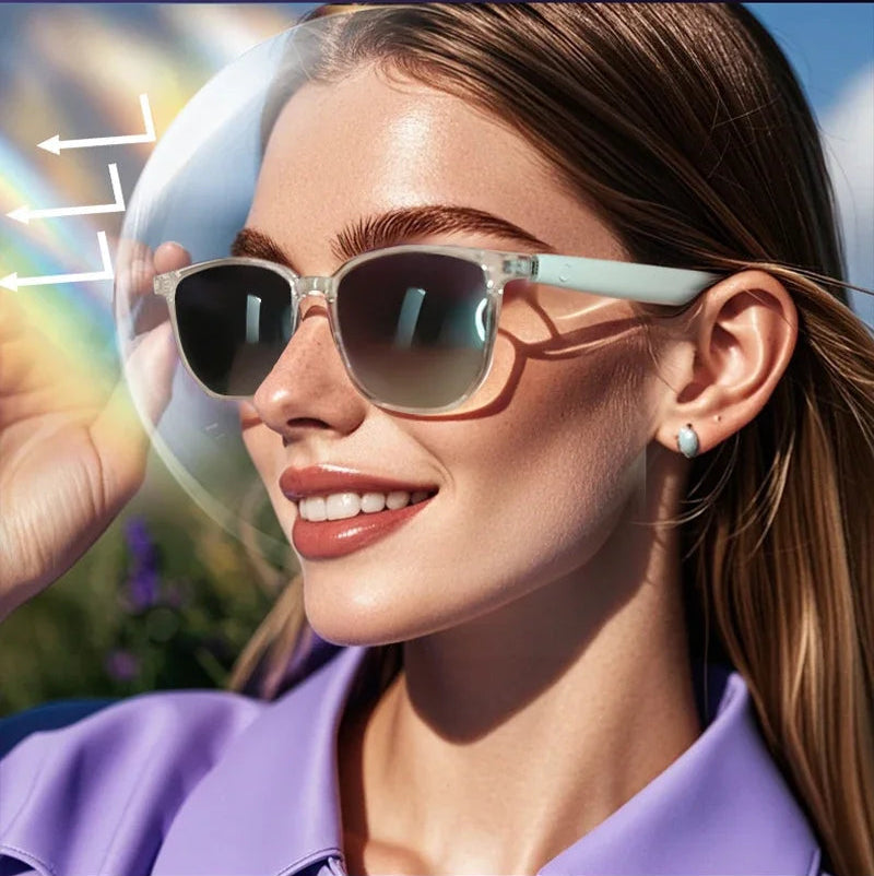 Smart Bluetooth glasses with polarized lenses worn by a woman outdoors.