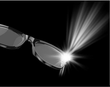 Glasses with a built-in flash for low-light photography, text on a white background.